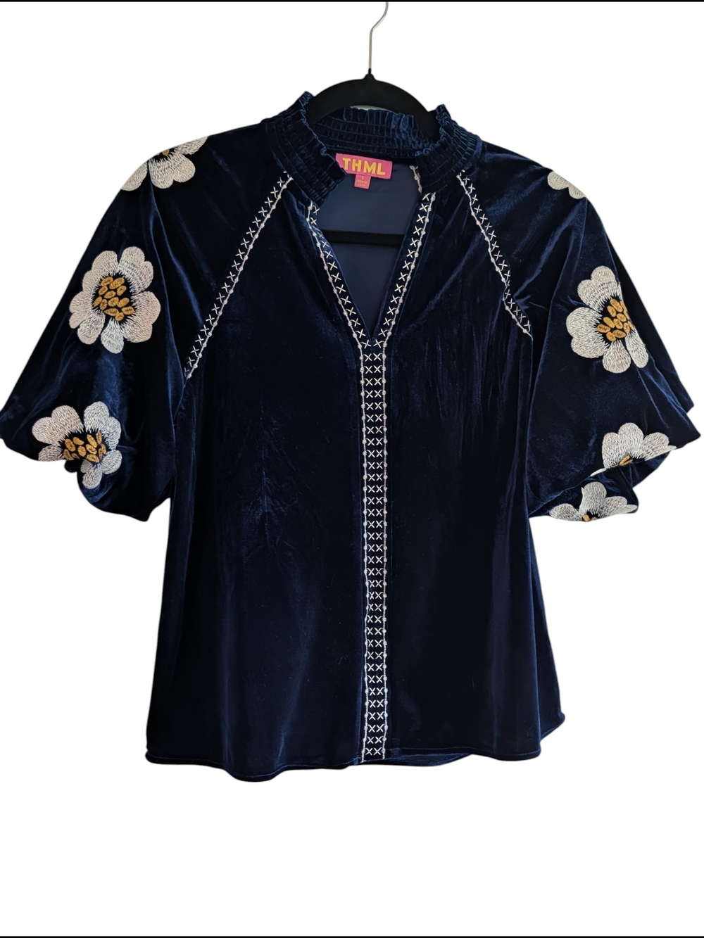 THML Navy Velvet Puff Sleeve Top with White & Yellow Floral Embroidery